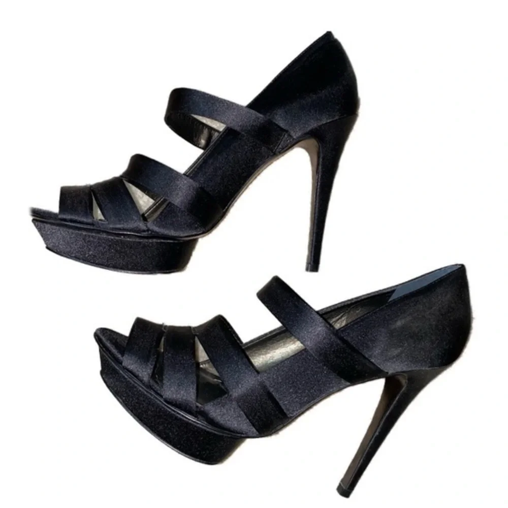Strappy Black Satin Designer Playform Heels in 10